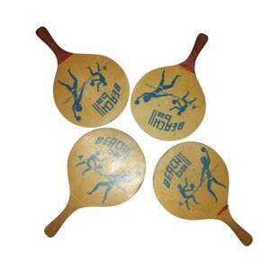 Vintage Wooden Beach Ball Paddle Set of 4 With Blue Graphics & Red Handles